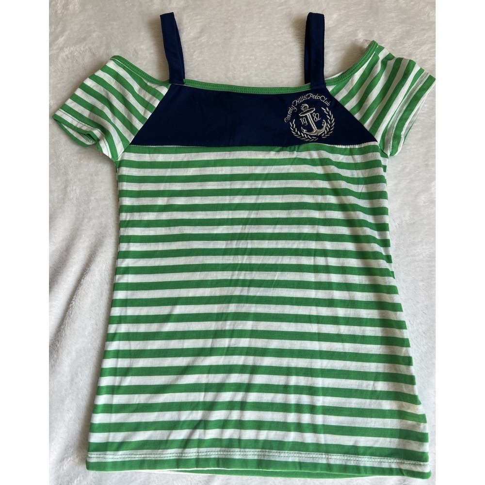 Beverly‎ Hills Polo Club Shirt Size 14/16 Girls Youth Green Blue Striped